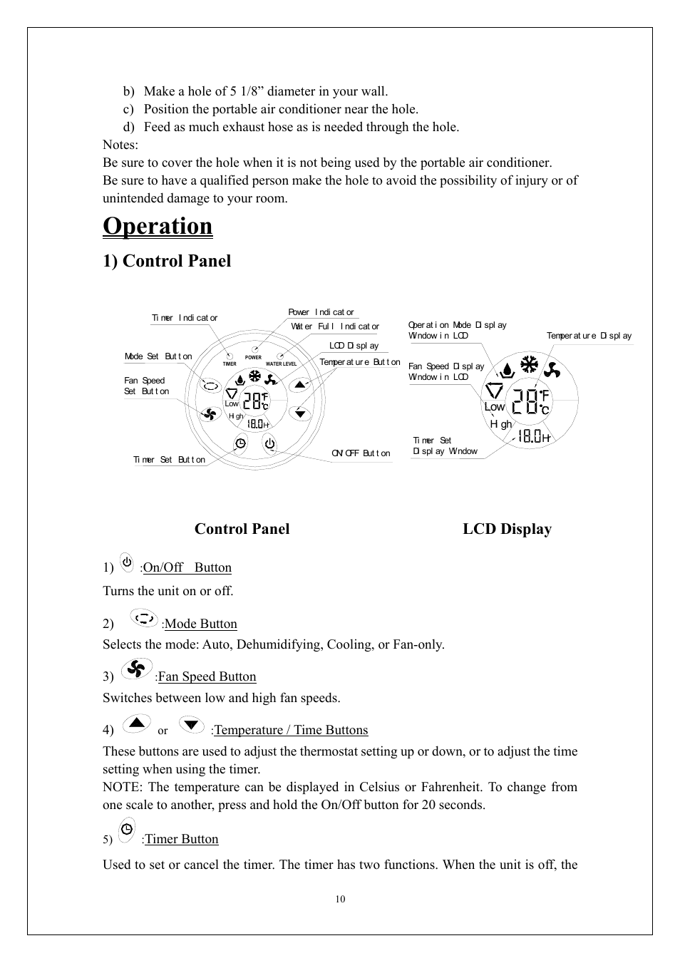 Operation, 1) control panel, Control panel lcd display | KoldFront PAC9000 User Manual | Page 11 / 23