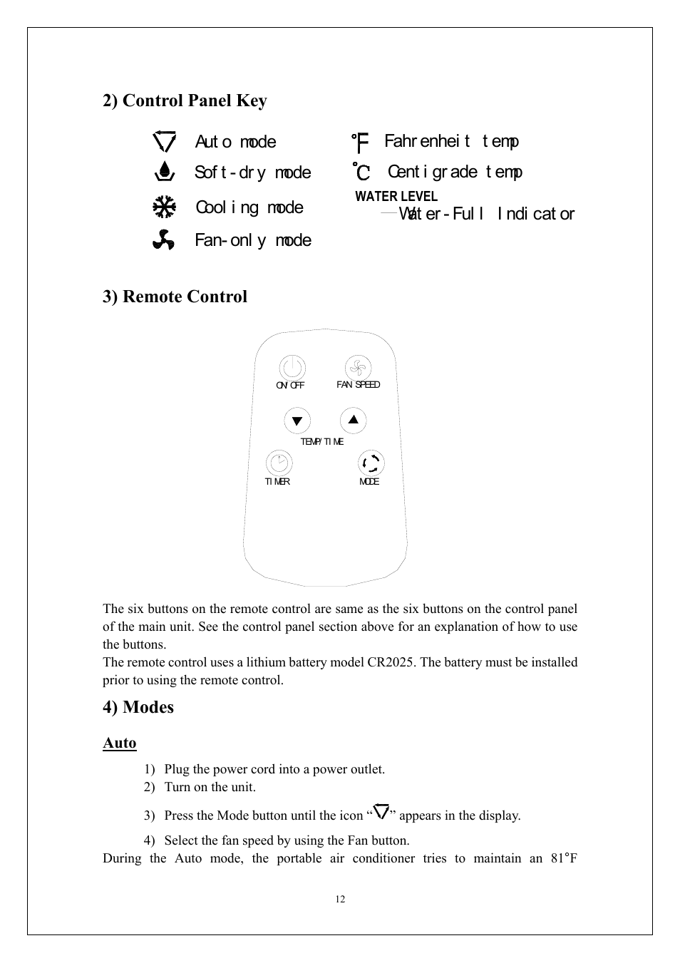 2) control panel key, 3) remote control, 4) modes | Auto | KoldFront PAC9000 User Manual | Page 13 / 23