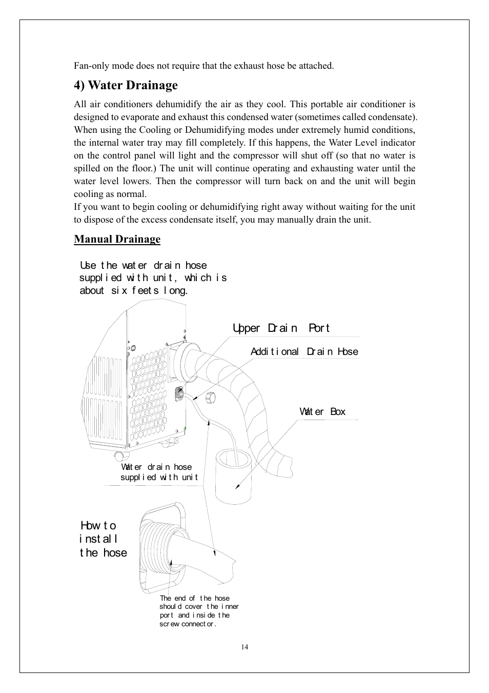 4) water drainage, Manual drainage, Upper dr ai n por t | KoldFront PAC9000 User Manual | Page 15 / 23