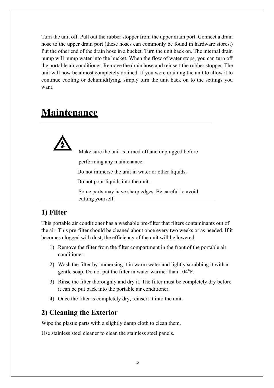 Maintenance, 1) filter, 2) cleaning the exterior | KoldFront PAC9000 User Manual | Page 16 / 23