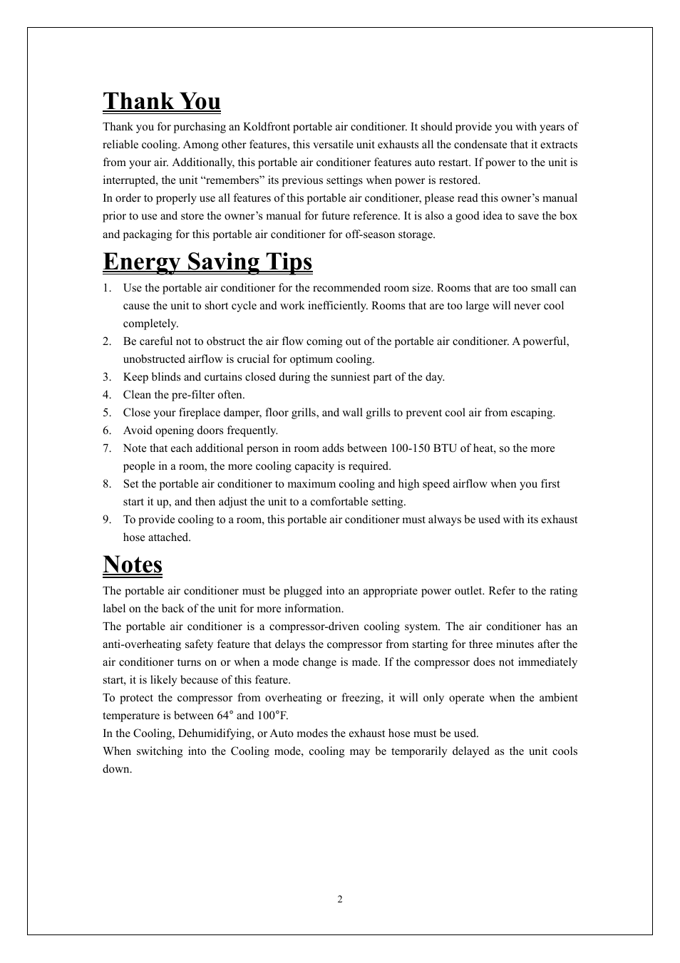 Thank you, Energy saving tips, Notes | KoldFront PAC9000 User Manual | Page 3 / 23