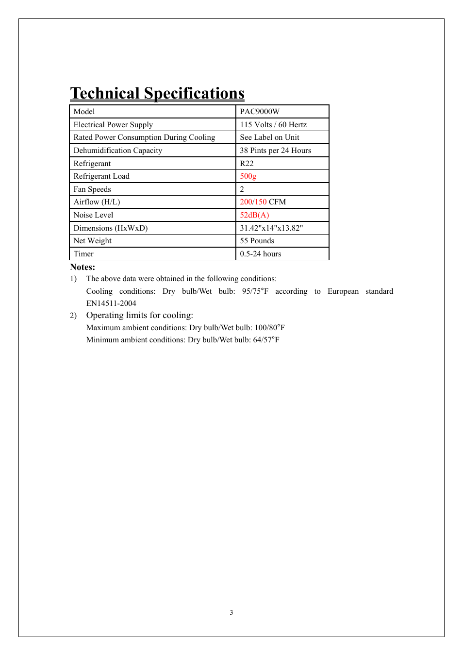 Technical specifications, Notes | KoldFront PAC9000 User Manual | Page 4 / 23
