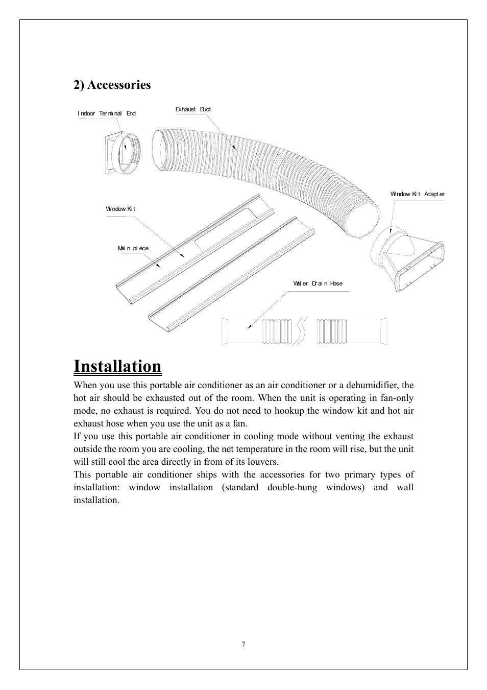 Installation, 2) accessories | KoldFront PAC9000 User Manual | Page 8 / 23