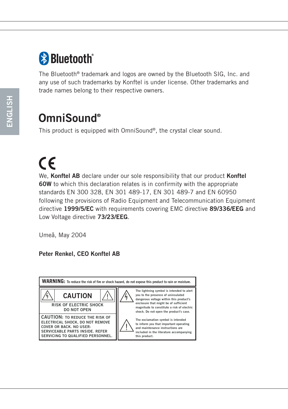 English, Caution, The bluetooth | Konftel 60W User Manual | Page 2 / 27