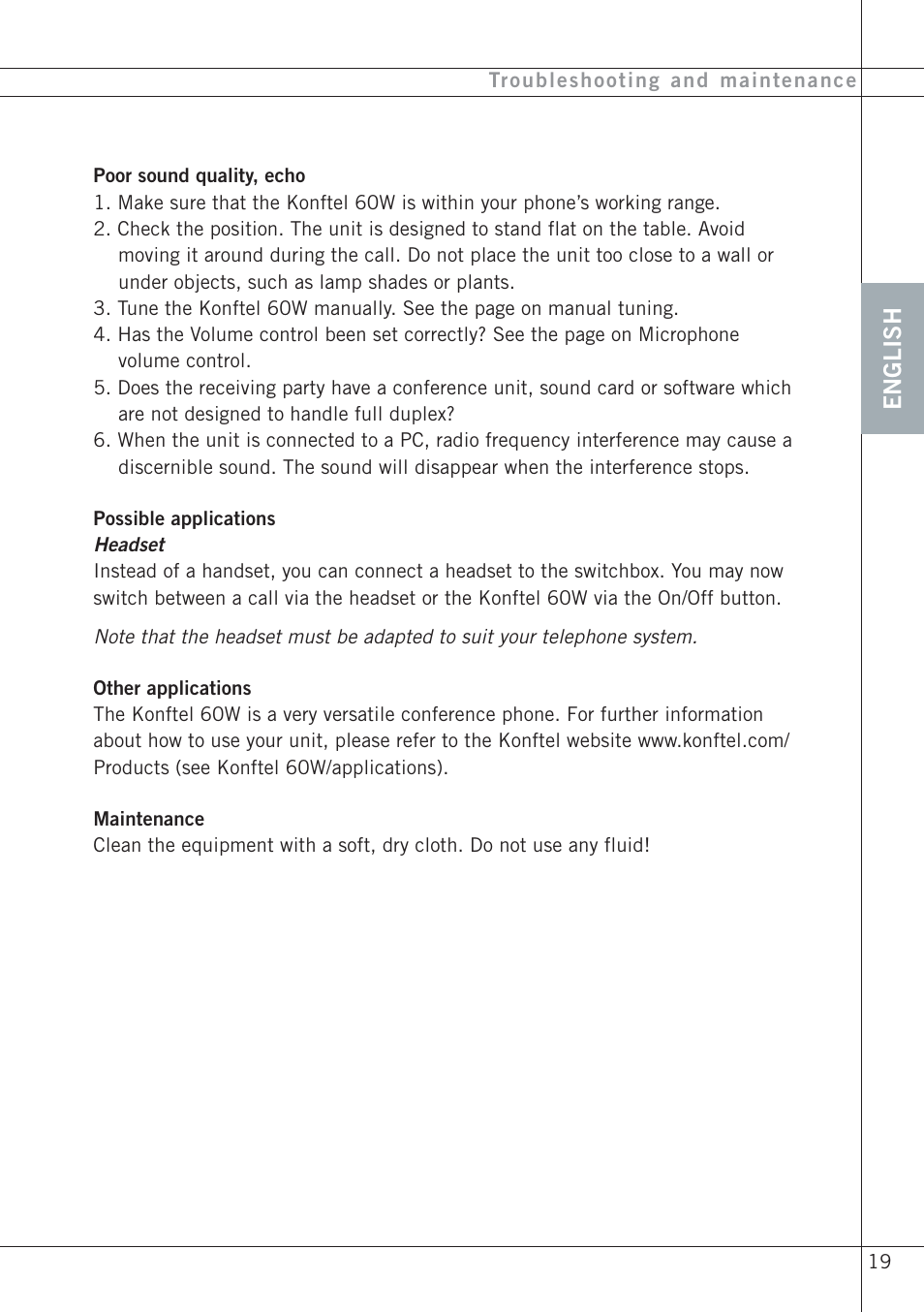 English | Konftel 60W User Manual | Page 21 / 27