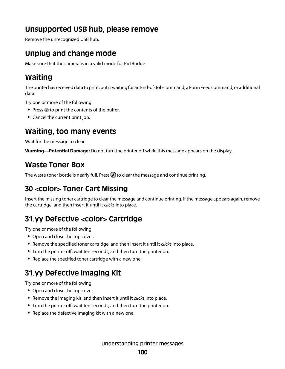 Unsupported usb hub, please remove, Unplug and change mode, Waiting | Waiting, too many events, Waste toner box, 30 <color> toner cart missing, Yy defective <color> cartridge, Yy defective imaging kit | Konftel G510-7276-00 User Manual | Page 102 / 170