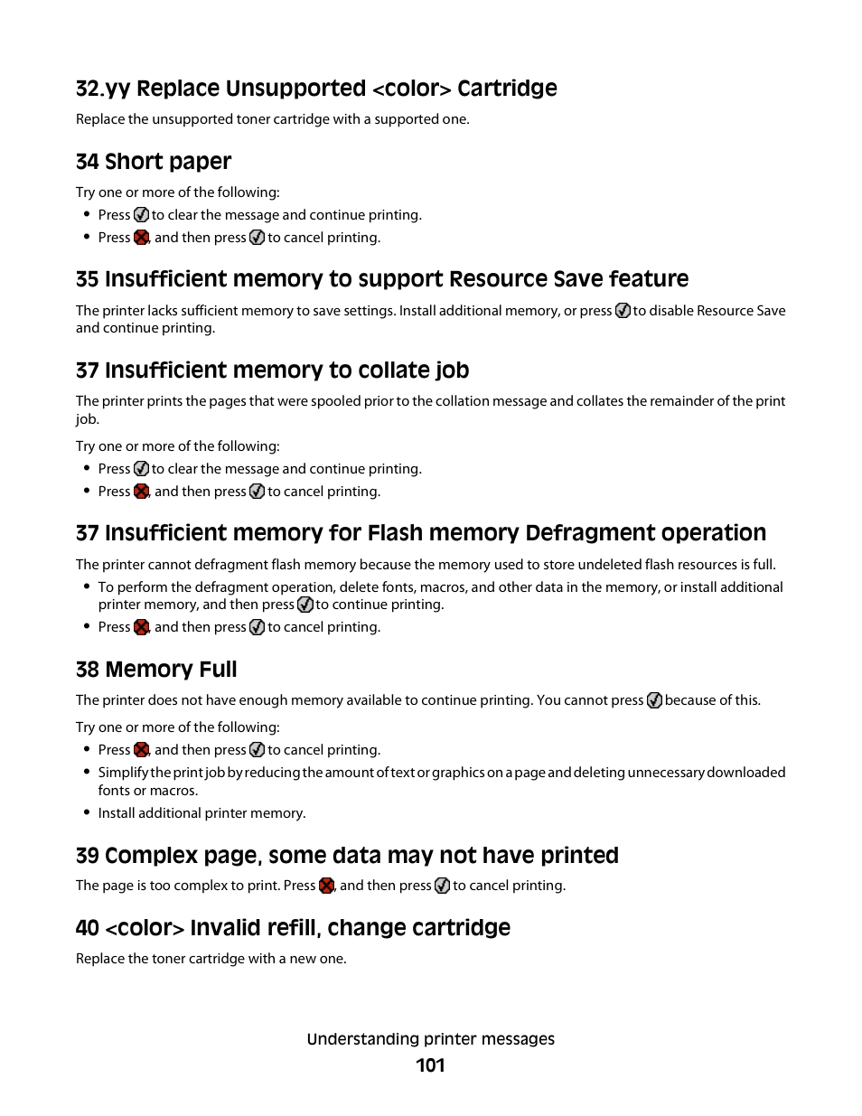 Yy replace unsupported <color> cartridge, 34 short paper, 37 insufficient memory to collate job | 38 memory full, 40 <color> invalid refill, change cartridge, 39 complex page, some data may not have printed | Konftel G510-7276-00 User Manual | Page 103 / 170