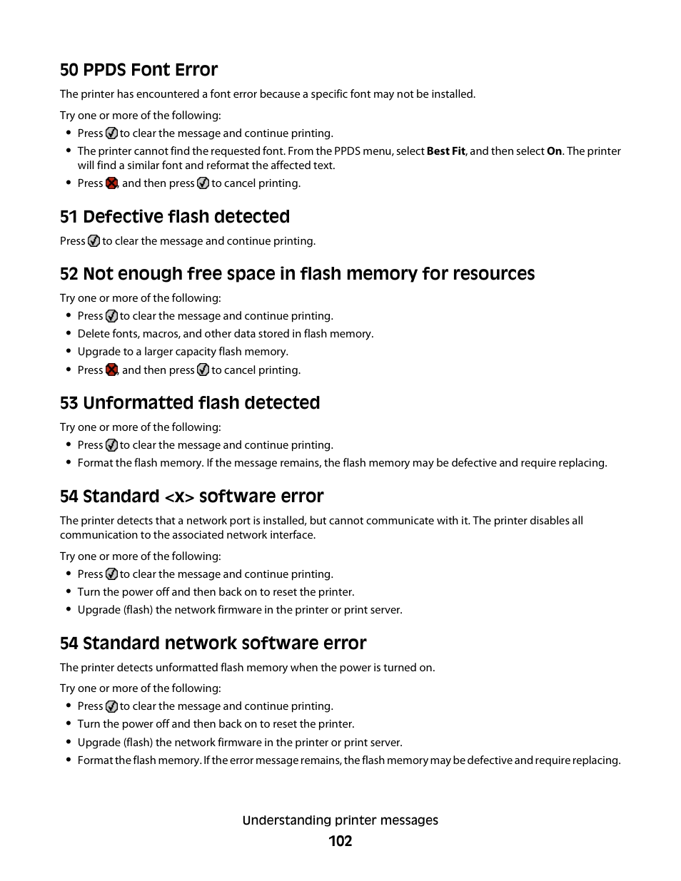 50 ppds font error, 51 defective flash detected, 53 unformatted flash detected | 54 standard <x> software error, 54 standard network software error | Konftel G510-7276-00 User Manual | Page 104 / 170