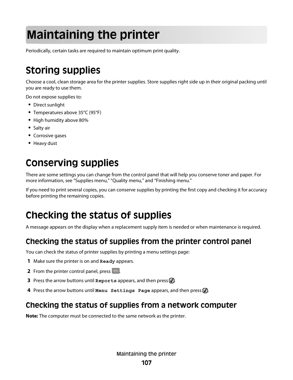 Maintaining the printer, Storing supplies, Conserving supplies | Checking the status of supplies | Konftel G510-7276-00 User Manual | Page 109 / 170
