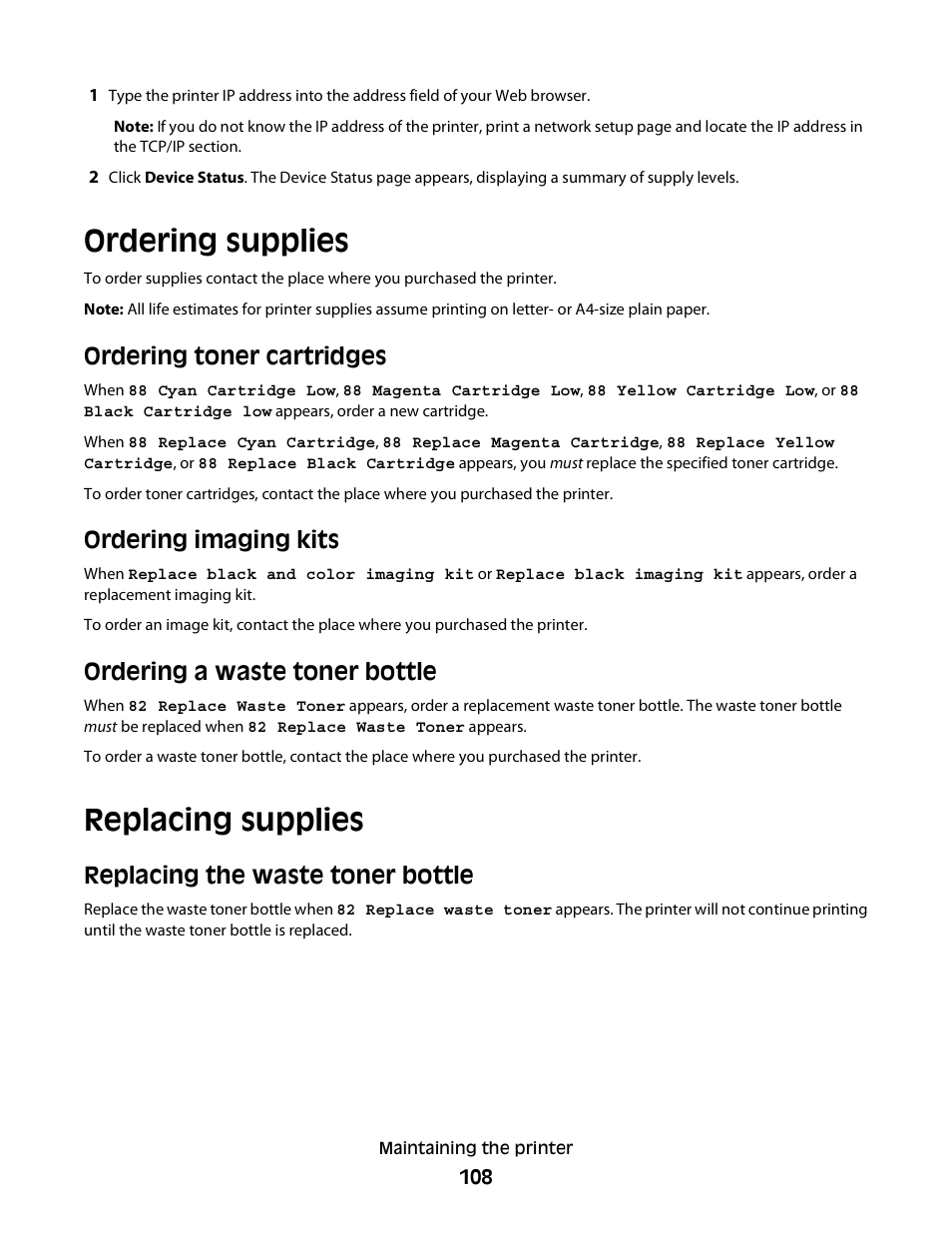 Ordering supplies, Ordering toner cartridges, Ordering imaging kits | Ordering a waste toner bottle, Replacing supplies, Replacing the waste toner bottle | Konftel G510-7276-00 User Manual | Page 110 / 170