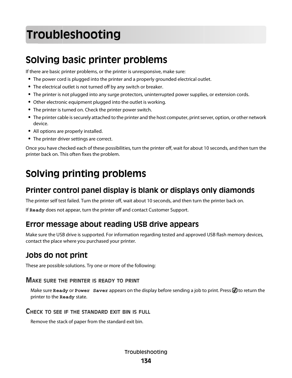 Troubleshooting, Solving basic printer problems, Solving printing problems | Error message about reading usb drive appears, Jobs do not print | Konftel G510-7276-00 User Manual | Page 136 / 170