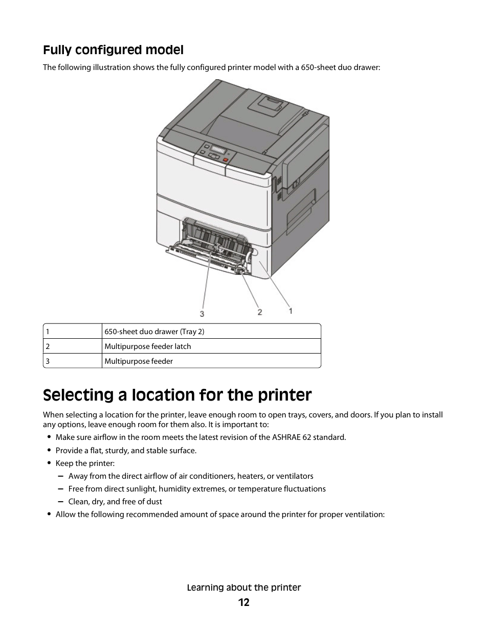 Selecting a location for the printer, Fully configured model | Konftel G510-7276-00 User Manual | Page 14 / 170