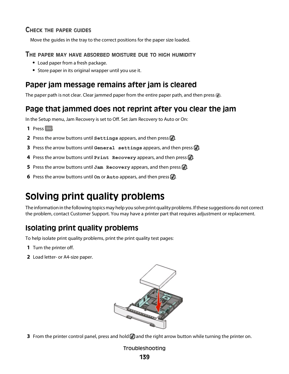 Paper jam message remains after jam is cleared, Solving print quality problems, Isolating print quality problems | Konftel G510-7276-00 User Manual | Page 141 / 170