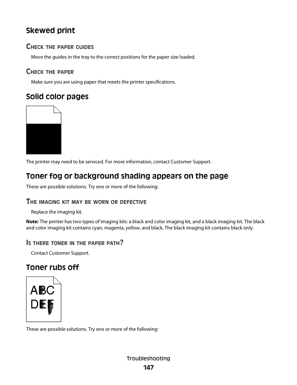 Skewed print, Toner rubs off, Skewed print c | Solid color pages | Konftel G510-7276-00 User Manual | Page 149 / 170