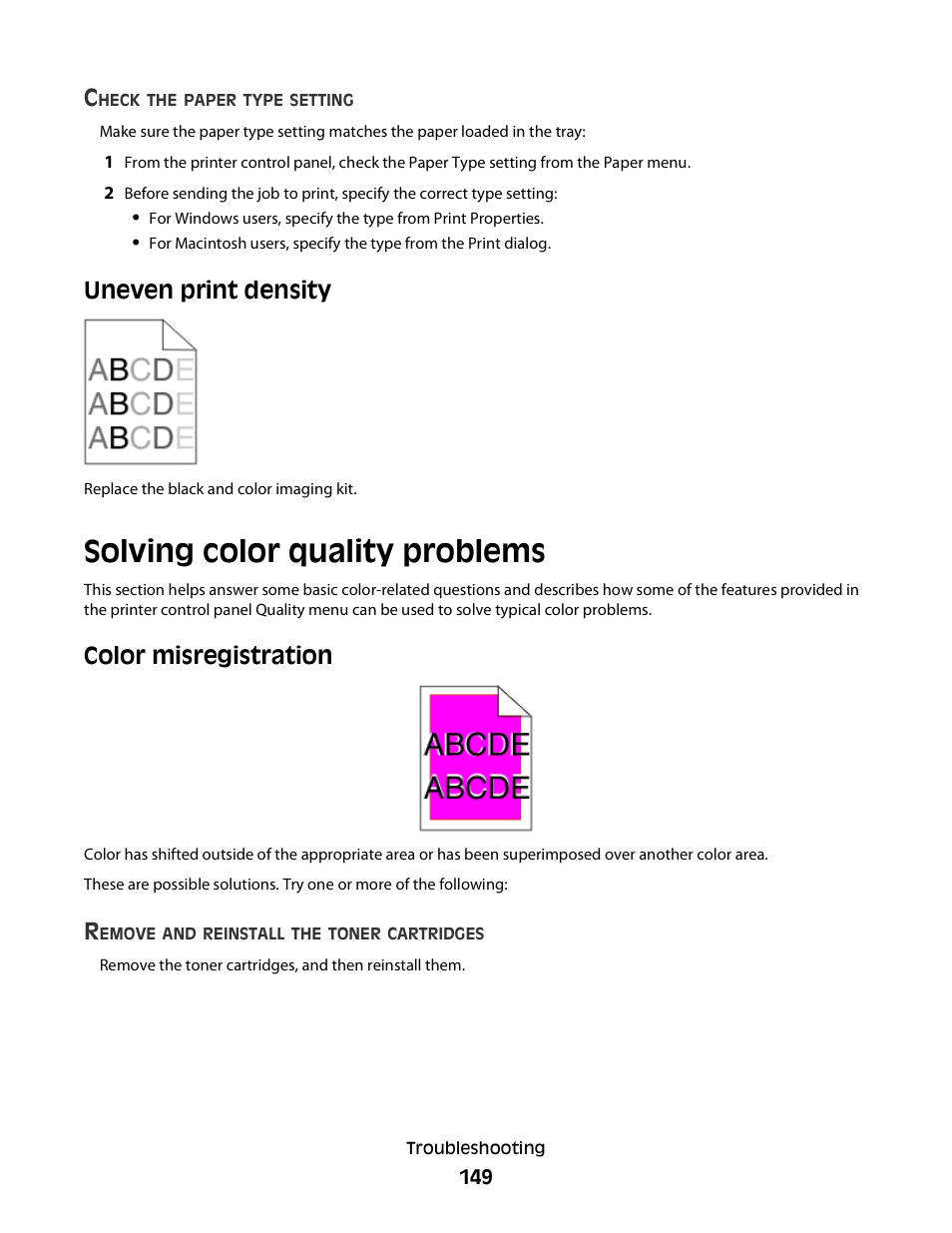 Uneven print density, Solving color quality problems, Color misregistration | Konftel G510-7276-00 User Manual | Page 151 / 170