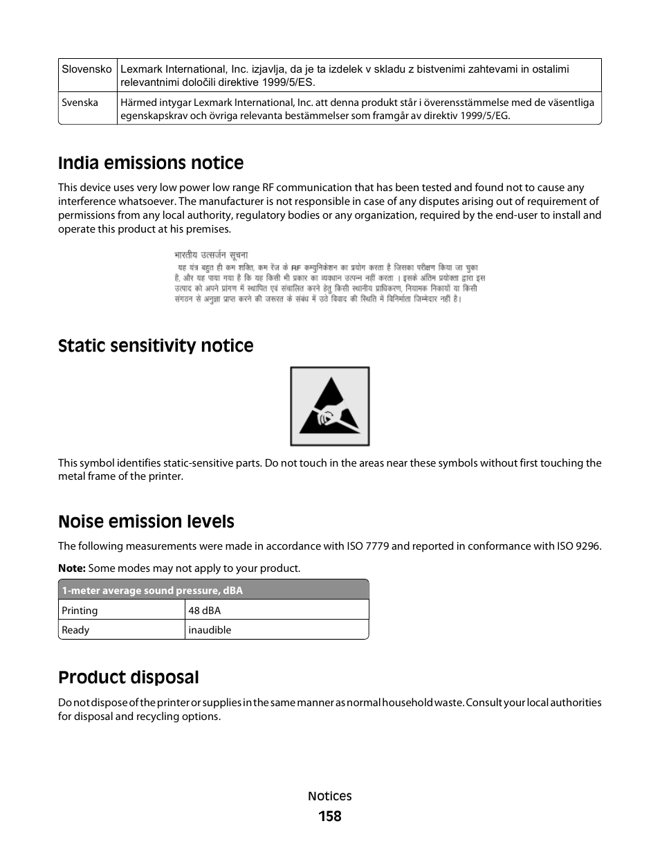 India emissions notice, Static sensitivity notice, Noise emission levels | Product disposal | Konftel G510-7276-00 User Manual | Page 160 / 170