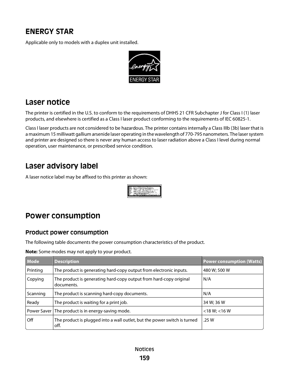 Energy star, Laser notice, Laser advisory label | Power consumption, Product power consumption | Konftel G510-7276-00 User Manual | Page 161 / 170