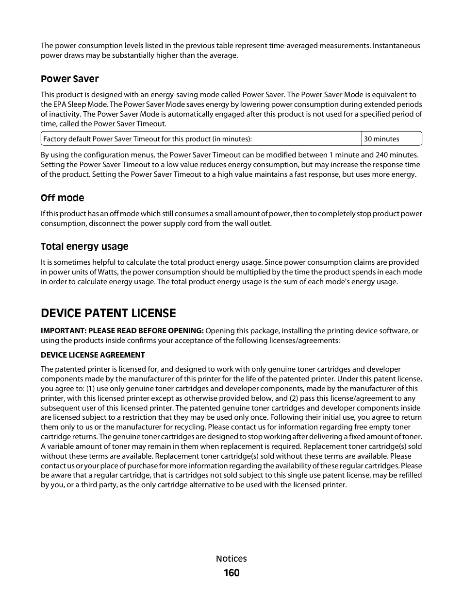 Power saver, Off mode, Total energy usage | Device patent license | Konftel G510-7276-00 User Manual | Page 162 / 170
