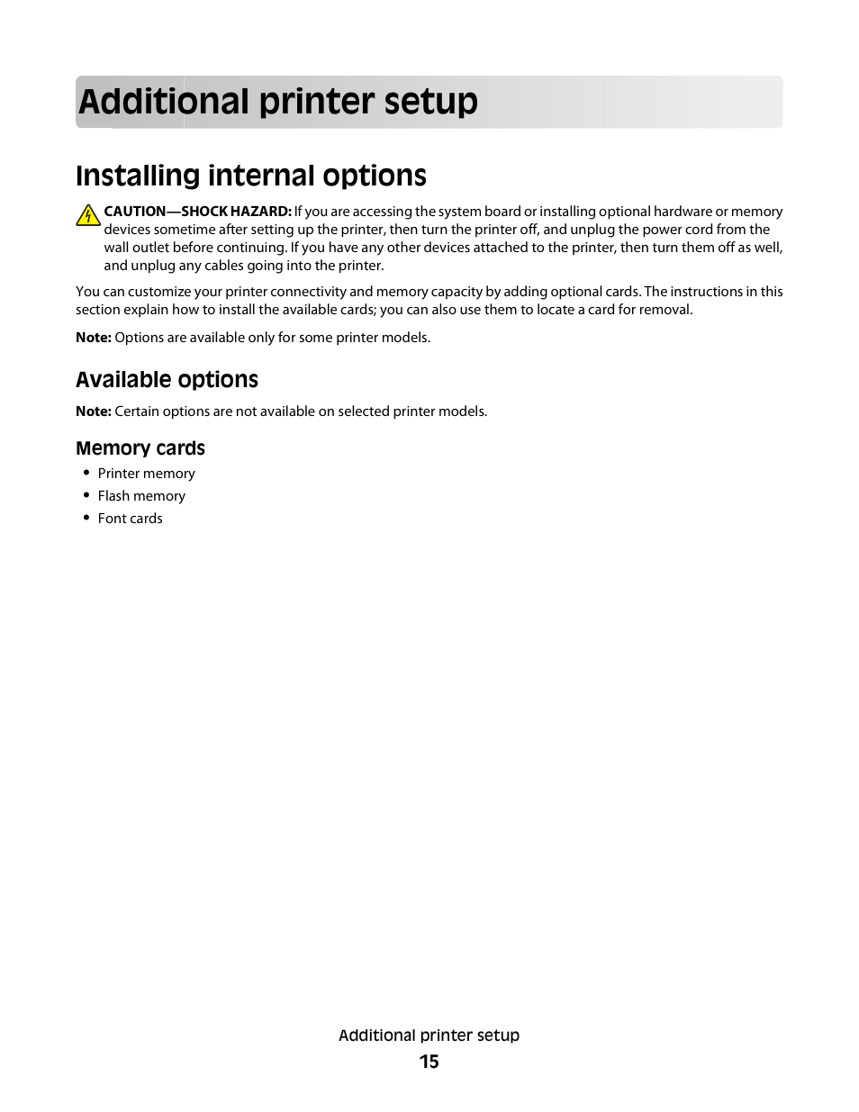 Additional printer setup, Installing internal options, Available options | Konftel G510-7276-00 User Manual | Page 17 / 170