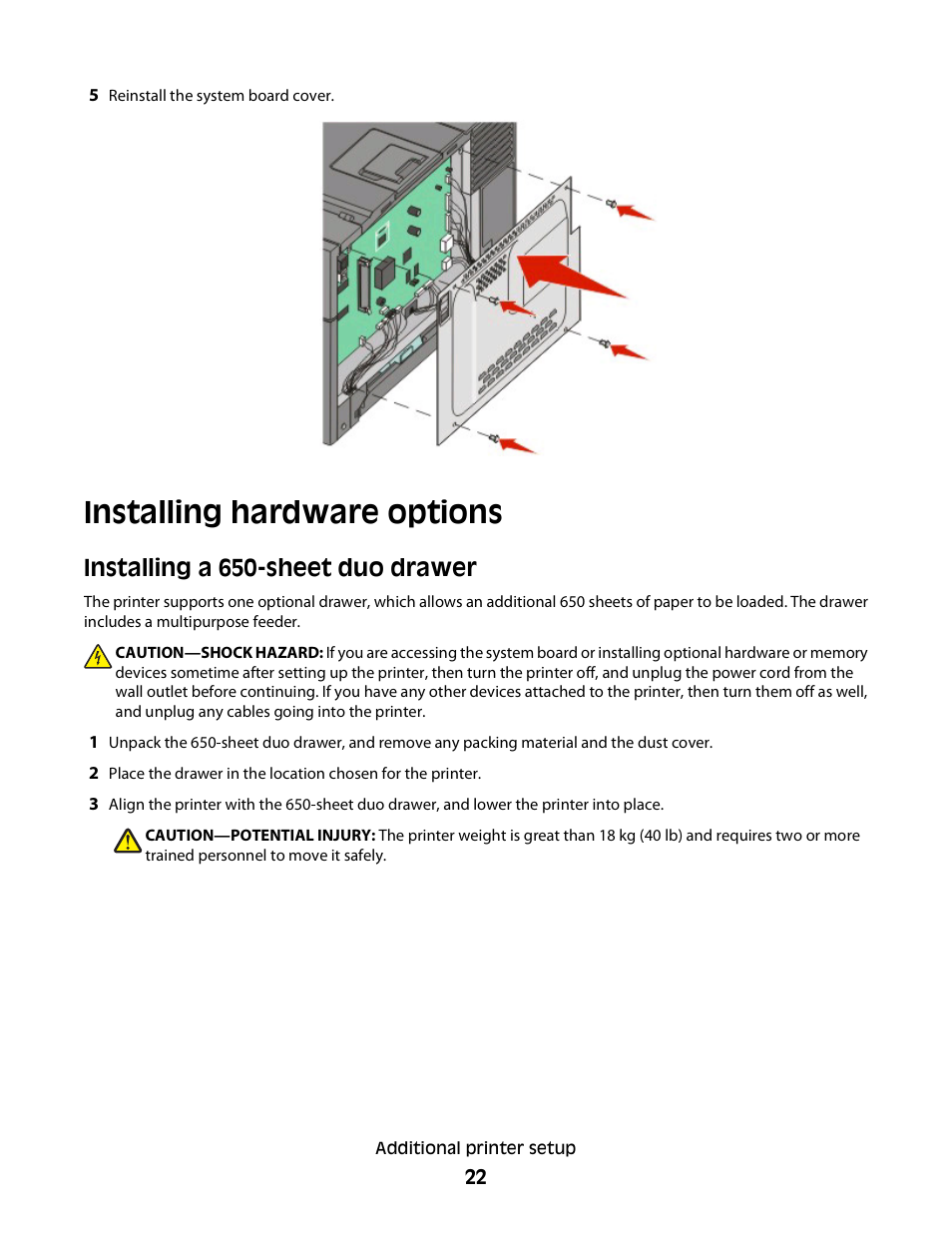 Installing hardware options, Installing a 650-sheet duo drawer | Konftel G510-7276-00 User Manual | Page 24 / 170