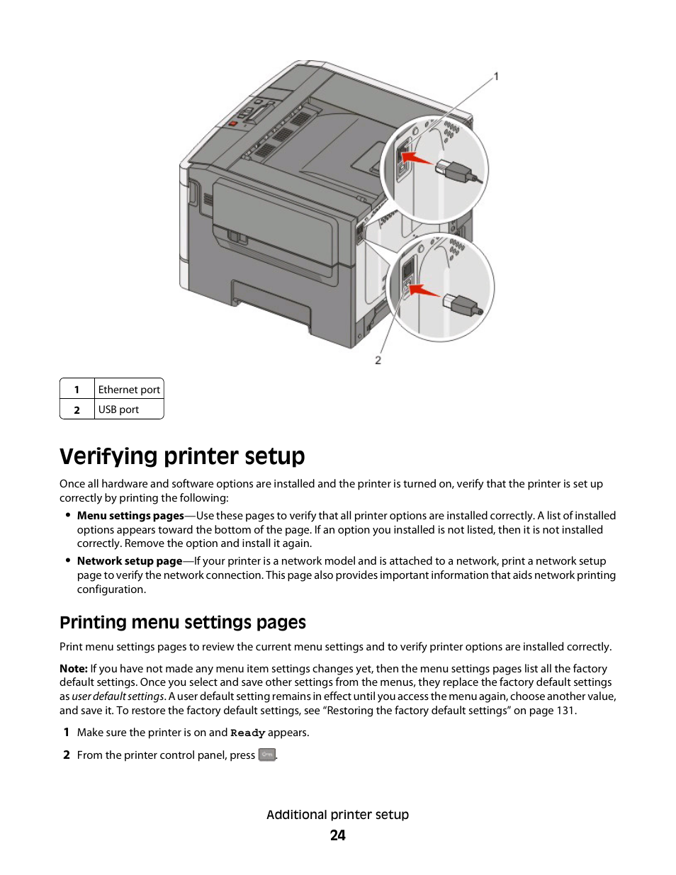 Verifying printer setup, Printing menu settings pages | Konftel G510-7276-00 User Manual | Page 26 / 170