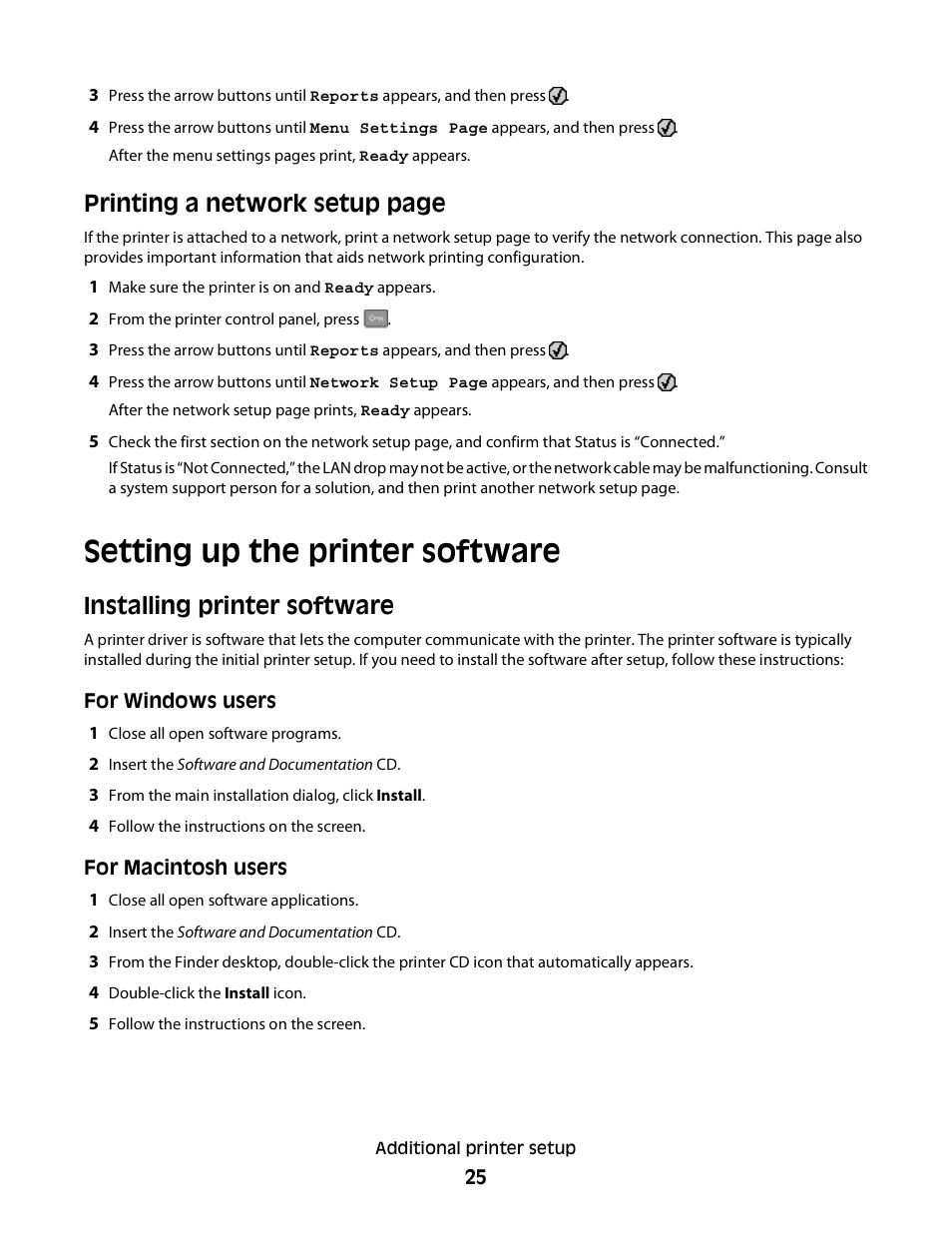 Setting up the printer software, Installing printer software, Printing a network setup page | Konftel G510-7276-00 User Manual | Page 27 / 170