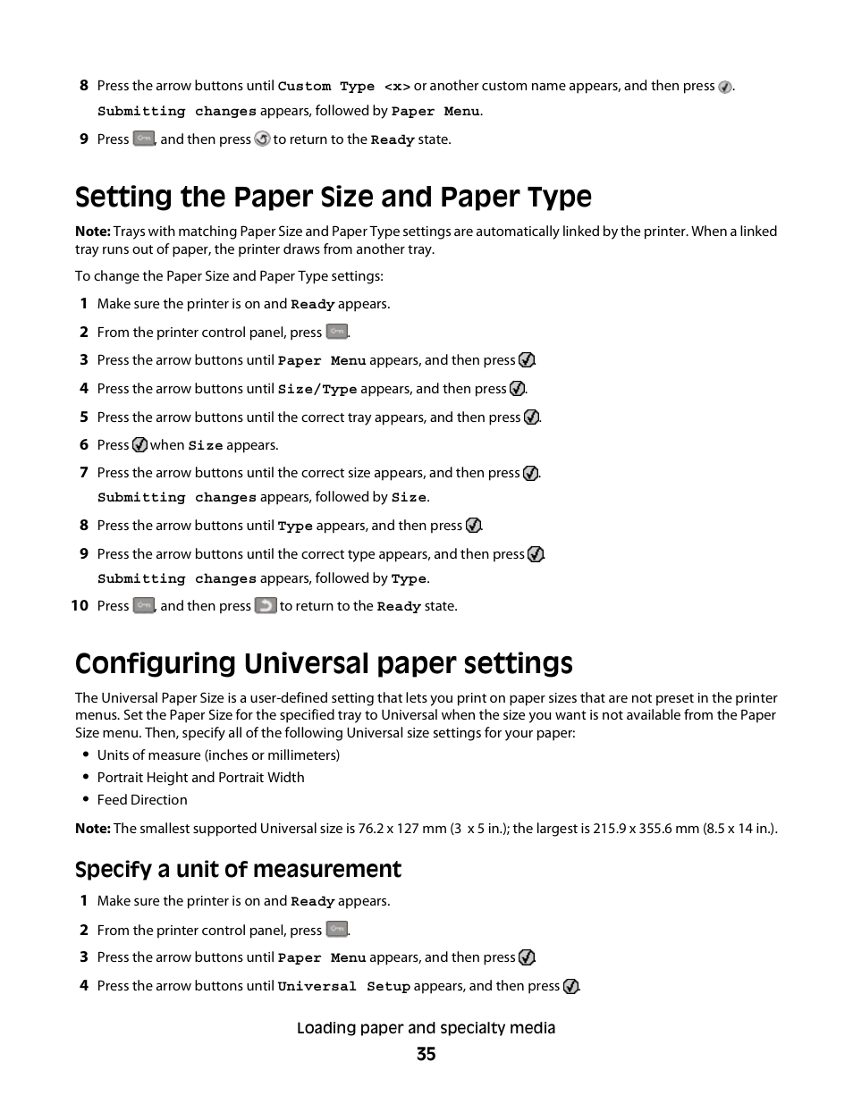 Setting the paper size and paper type, Configuring universal paper settings, Specify a unit of measurement | Konftel G510-7276-00 User Manual | Page 37 / 170