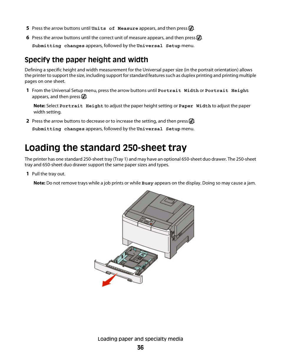 Loading the standard 250-sheet tray, Specify the paper height and width | Konftel G510-7276-00 User Manual | Page 38 / 170