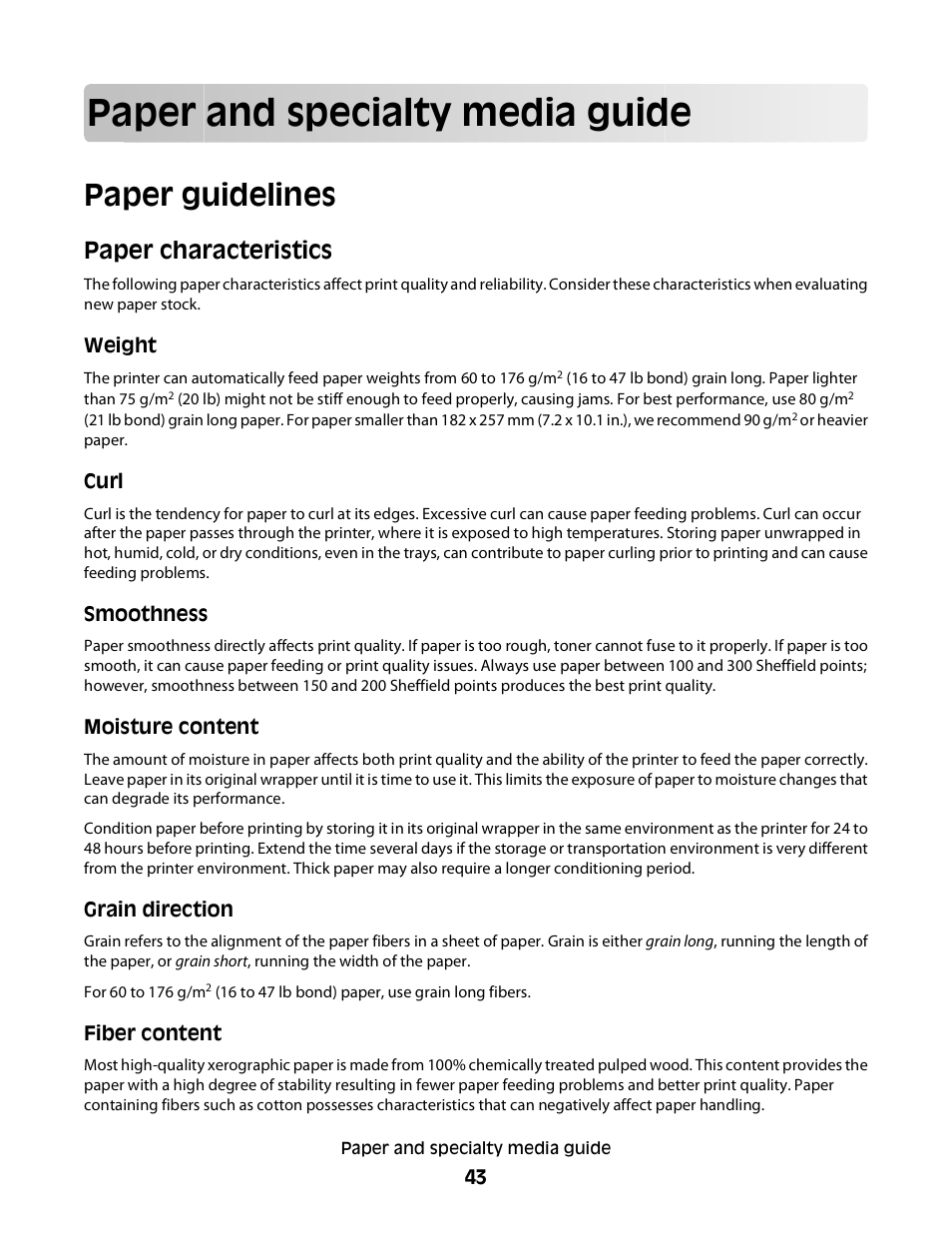 Paper and specialty media guide, Paper guidelines, Paper characteristics | Konftel G510-7276-00 User Manual | Page 45 / 170