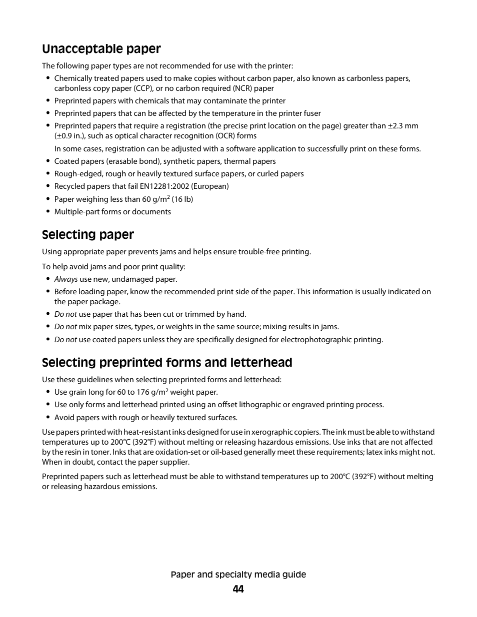 Unacceptable paper, Selecting paper, Selecting preprinted forms and letterhead | Unacceptable paper selecting paper | Konftel G510-7276-00 User Manual | Page 46 / 170