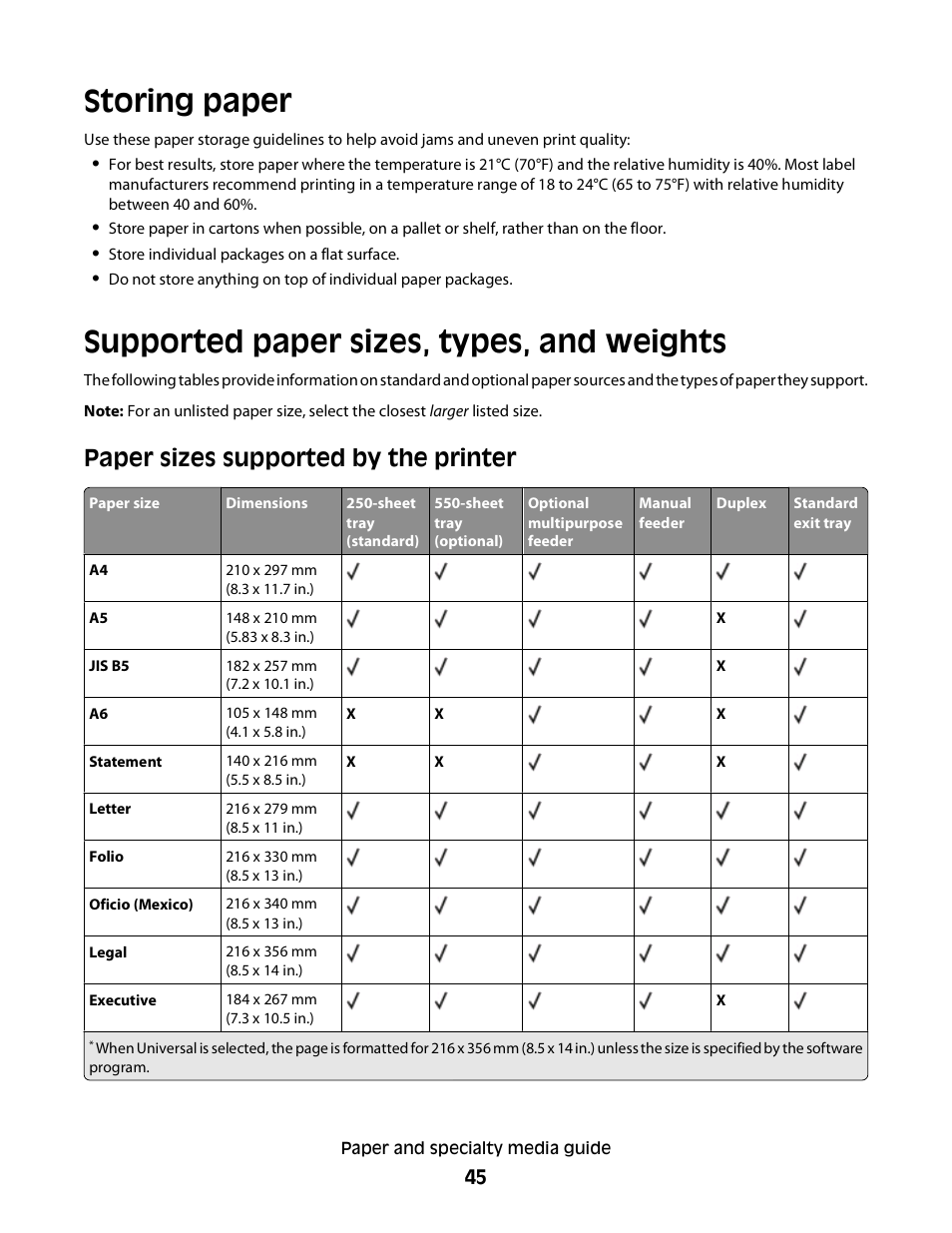 Storing paper, Supported paper sizes, types, and weights, Paper sizes supported by the printer | Konftel G510-7276-00 User Manual | Page 47 / 170