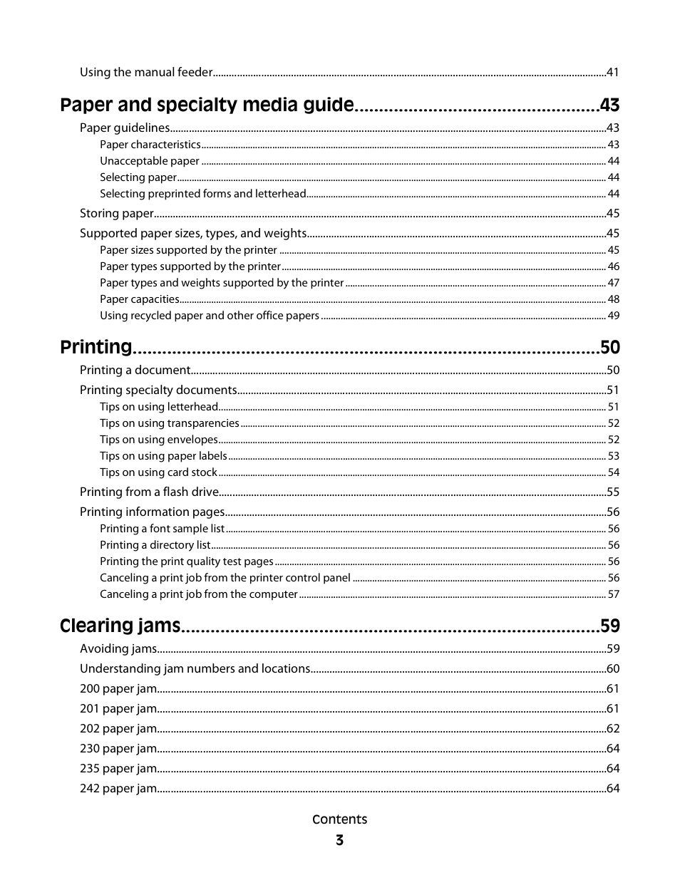Paper and specialty media guide, Printing, Clearing jams | Konftel G510-7276-00 User Manual | Page 5 / 170