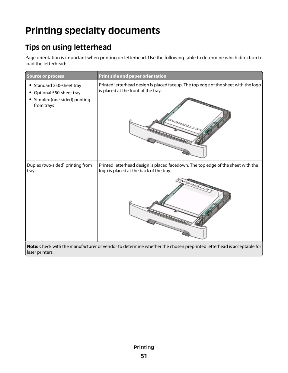 Printing specialty documents, Tips on using letterhead | Konftel G510-7276-00 User Manual | Page 53 / 170