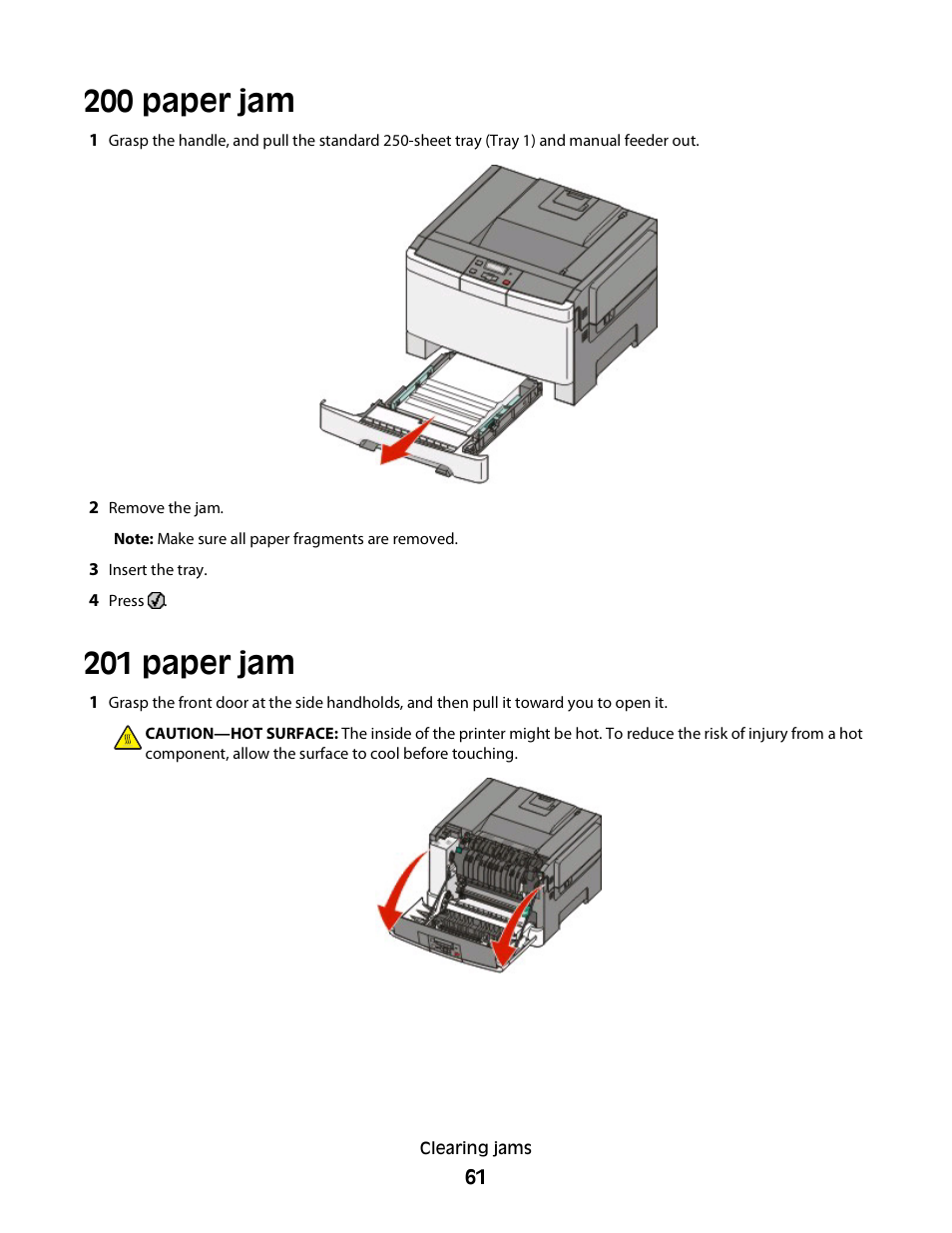 200 paper jam, 201 paper jam | Konftel G510-7276-00 User Manual | Page 63 / 170