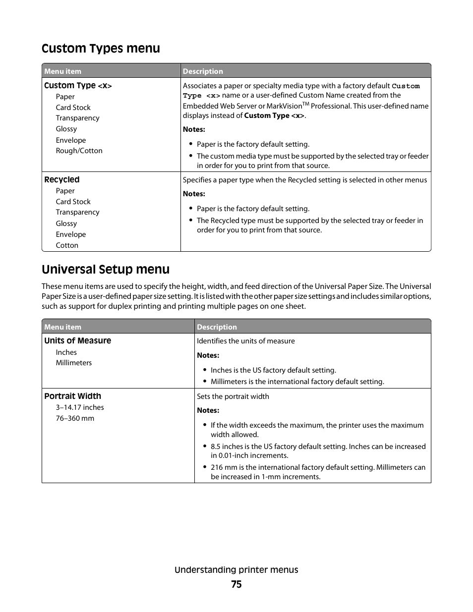 Custom types menu, Universal setup menu | Konftel G510-7276-00 User Manual | Page 77 / 170