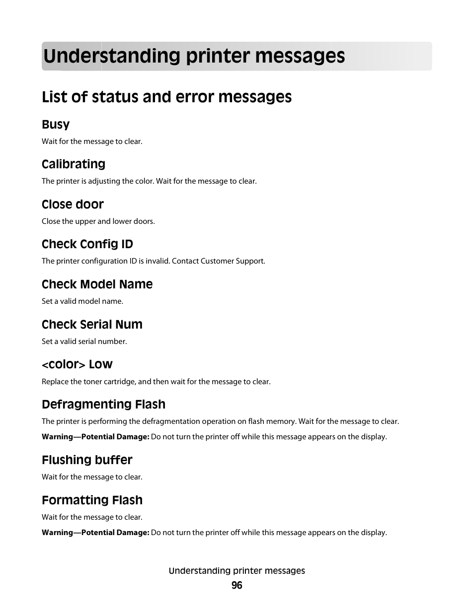 Understanding printer messages, List of status and error messages, Busy | Calibrating, Close door, Check config id, Check model name, Check serial num, Color> low, Defragmenting flash | Konftel G510-7276-00 User Manual | Page 98 / 170