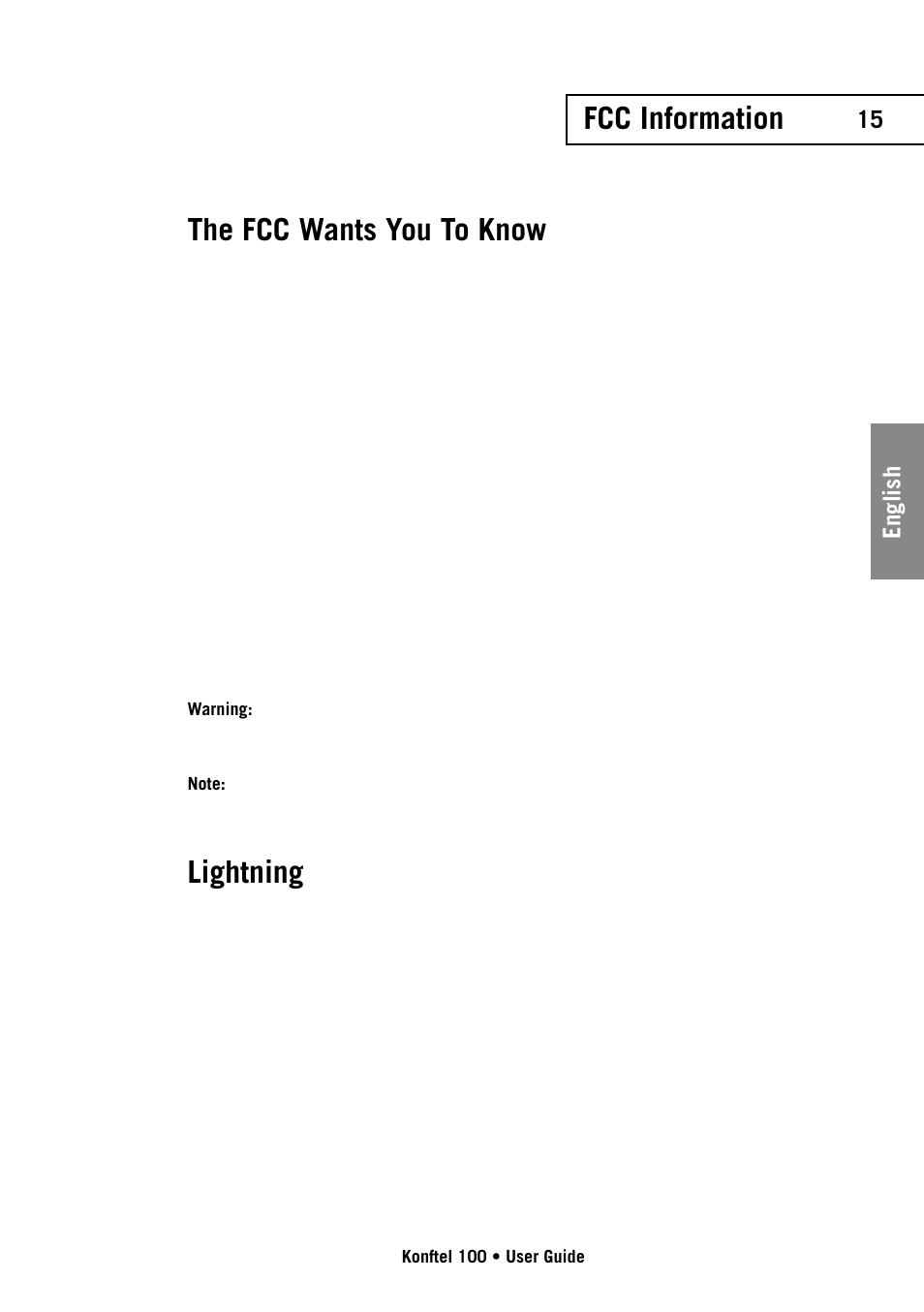 Fcc information the fcc wants you to know, Lightning, 15 english | Konftel 100 User Manual | Page 15 / 17