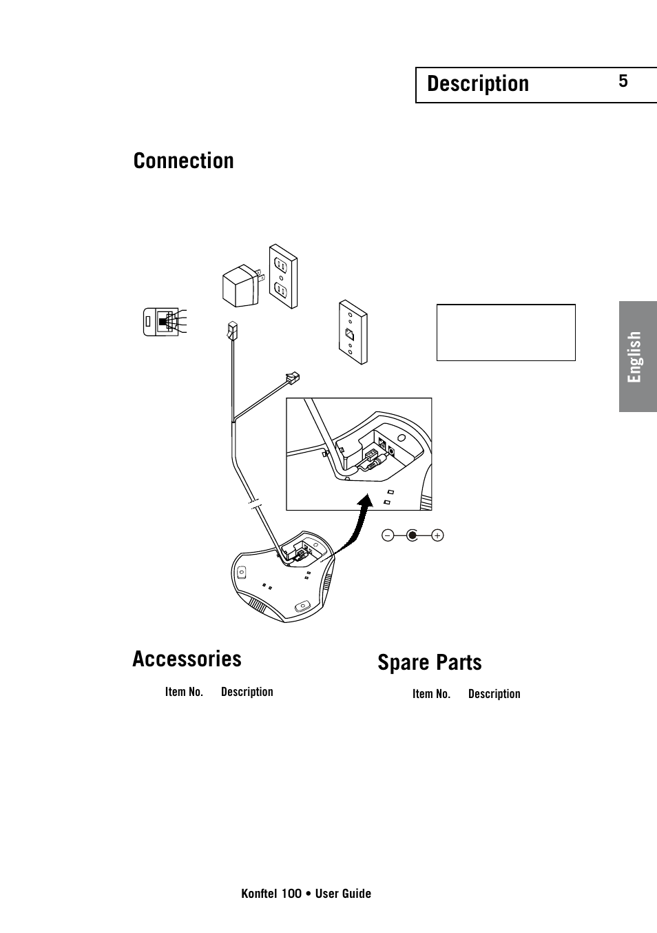 Description, Connection, Accessories | Spare parts, English | Konftel 100 User Manual | Page 5 / 17