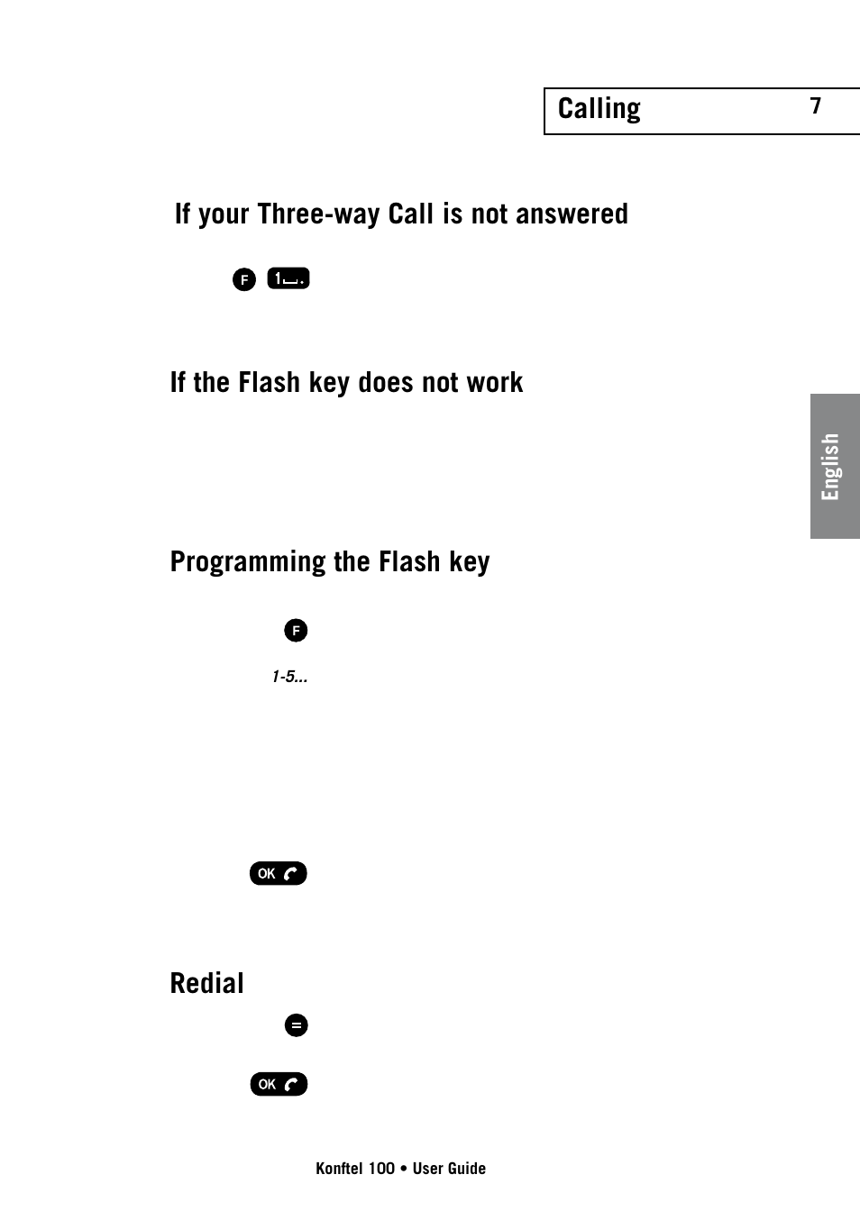Calling, Redial, Programming the flash key | English | Konftel 100 User Manual | Page 7 / 17