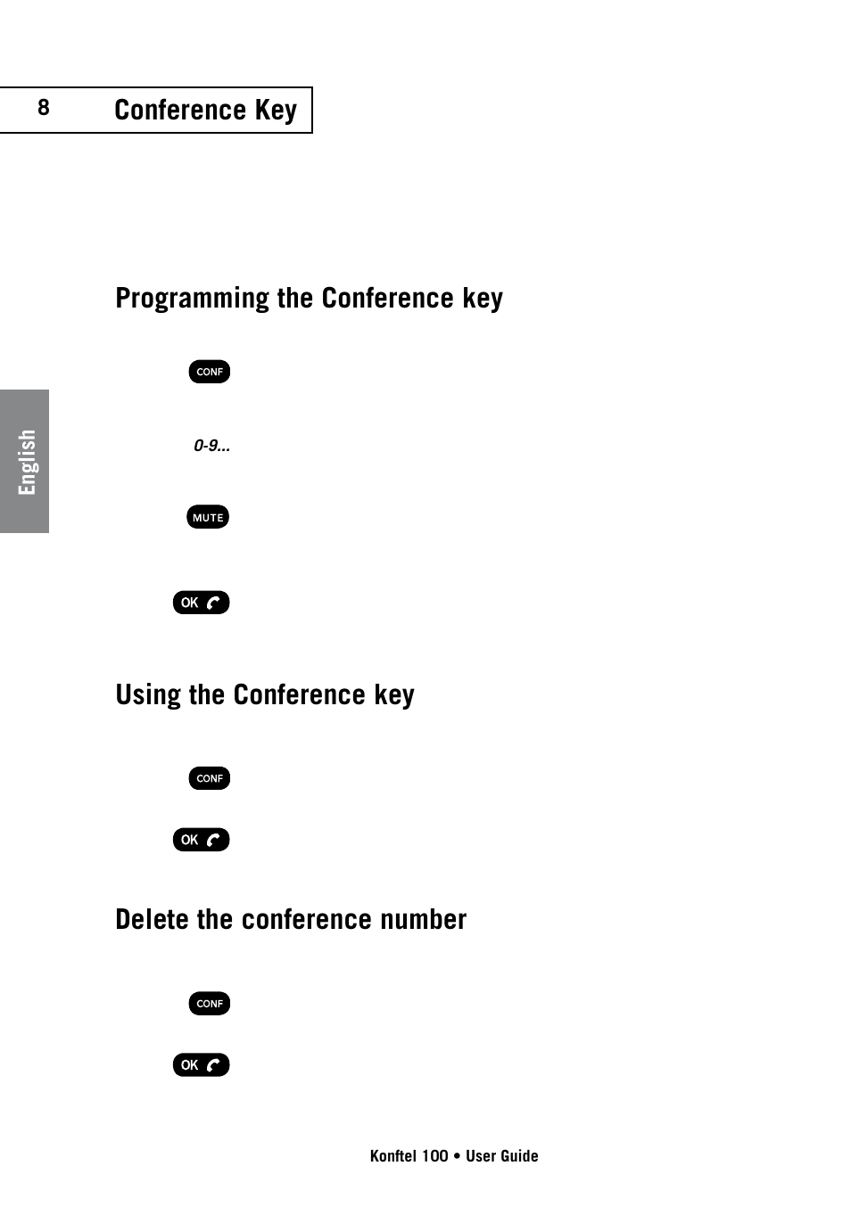 Conference key, Programming the conference key, Using the conference key | Delete the conference number | Konftel 100 User Manual | Page 8 / 17