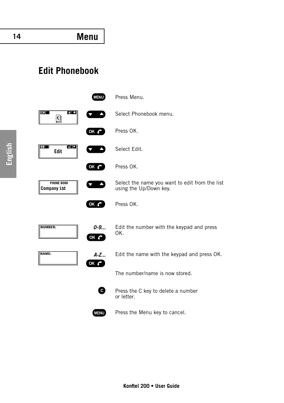 Menu edit phonebook, 14 english | Konftel 200 User Manual | Page 14 / 26