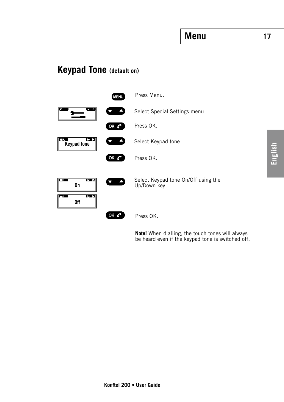 Menu, Keypad tone, 17 english | Konftel 200 User Manual | Page 17 / 26
