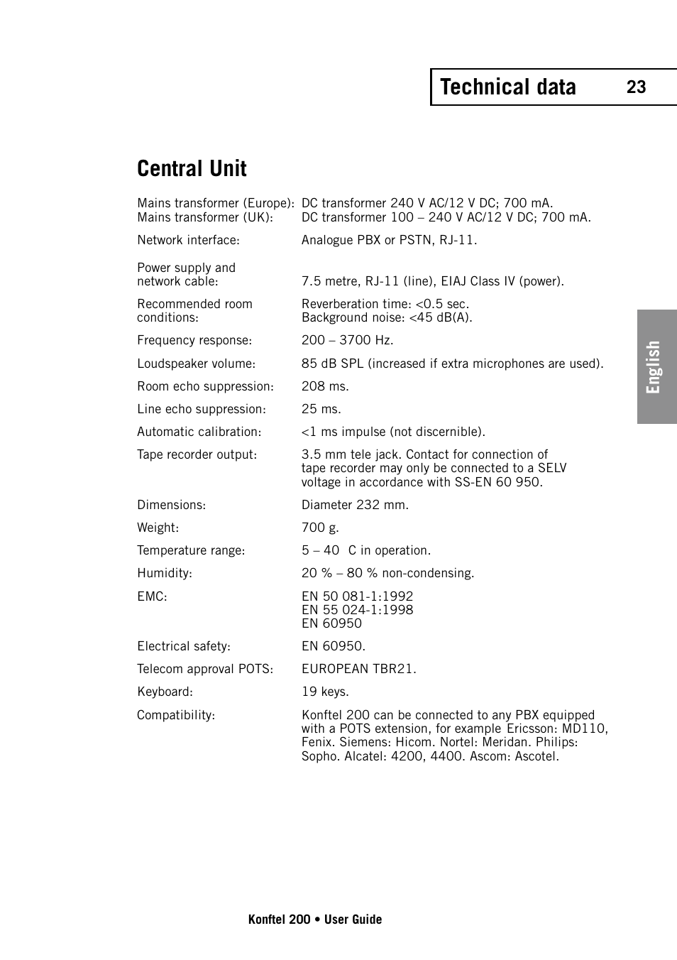 Technical data, Central unit, 23 english | Konftel 200 User Manual | Page 23 / 26