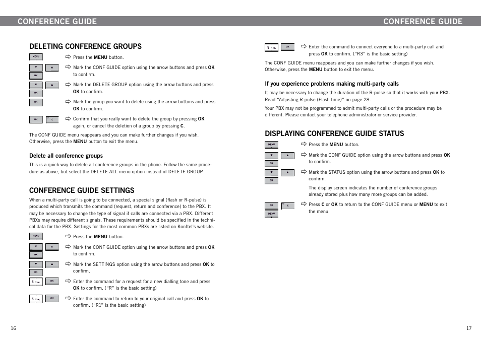 Deleting conference groups, Conference guide settings, Displaying conference guide status | Conference guide | Konftel 300 User Manual | Page 10 / 20