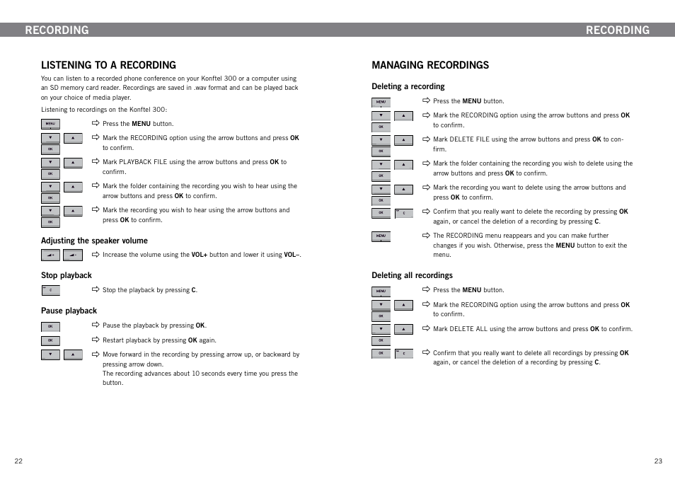 Listening to a recording, Managing recordings, Recording | Konftel 300 User Manual | Page 13 / 20