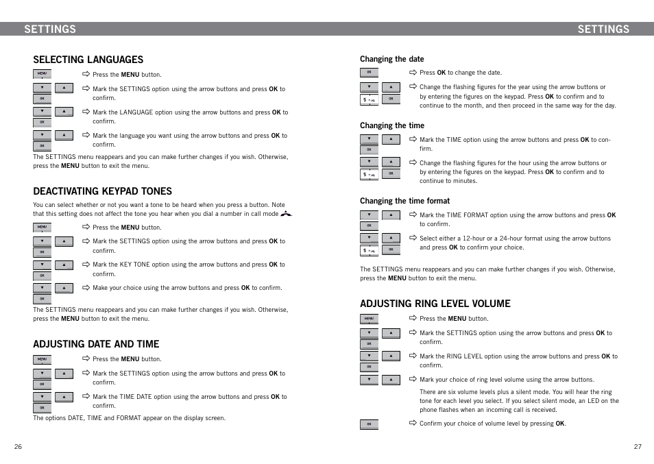 Settings, Selecting languages, Deactivating keypad tones | Adjusting date and time, Adjusting ring level volume | Konftel 300 User Manual | Page 15 / 20
