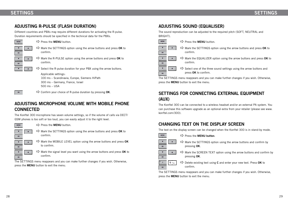 Adjusting r-pulse (flash duration), Adjusting sound (equaliser), Settings for connecting external equipment (aux) | Changing text on the display screen, Settings | Konftel 300 User Manual | Page 16 / 20