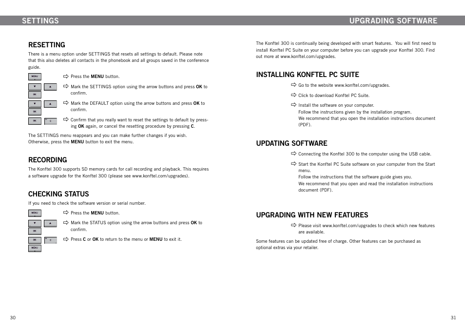 Resetting, Recording, Checking status | Upgrading software, Installing konftel pc suite, Updating software, Upgrading with new features, Settings | Konftel 300 User Manual | Page 17 / 20