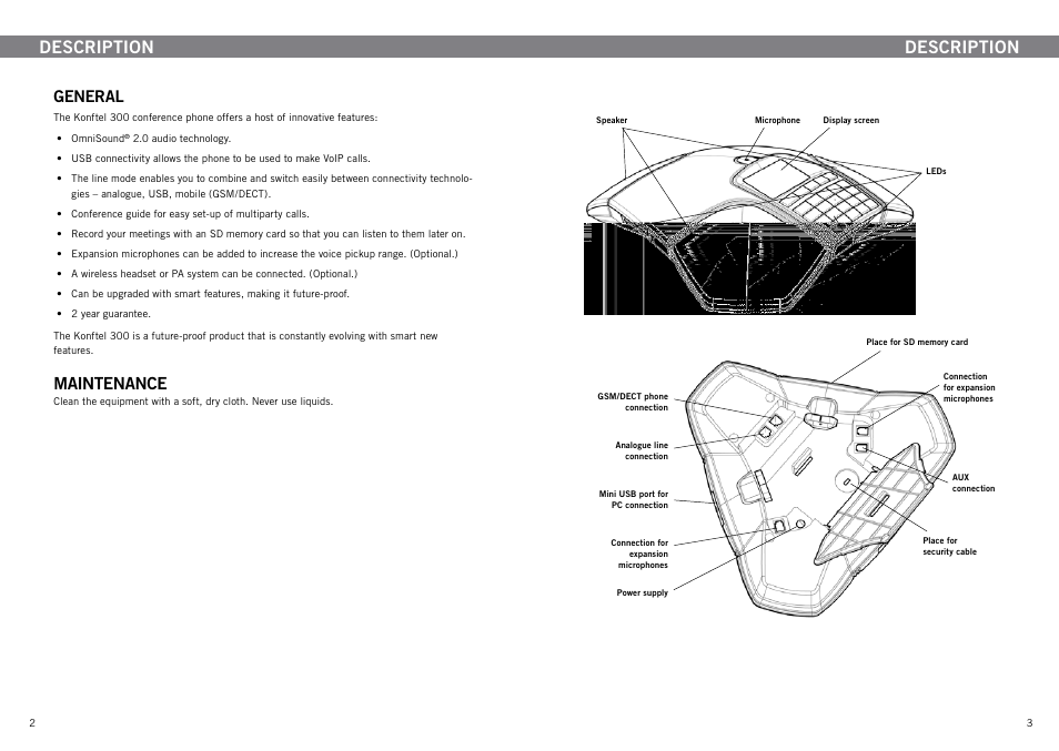 Description, General, Maintenance | Konftel 300 User Manual | Page 3 / 20