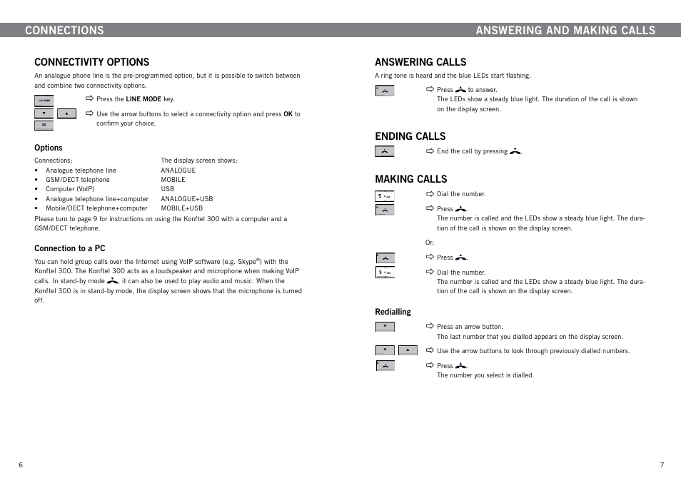 Connectivity options, Answering and making calls, Answering calls | Ending calls, Making calls, Connections | Konftel 300 User Manual | Page 5 / 20